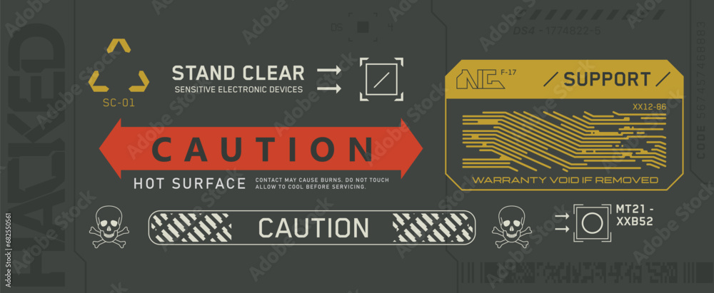 Cyberpunk decals set. Set of vector stickers and labels in futuristic style. Warning signs, futuristic Inscriptions and technical symbols.  - obrazy, fototapety, plakaty 