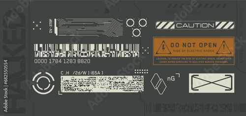 Cyberpunk decals set. Set of vector stickers and labels in futuristic style. Warning signs, futuristic Inscriptions and technical symbols. Chinese hieroglyphs for Stop