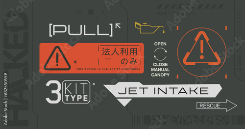 Cyberpunk decals set. Set of vector stickers and labels in futuristic style. Warning signs, futuristic Inscriptions and technical symbols. Chinese hieroglyphs for Corporate use only