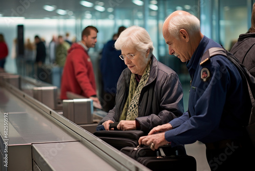 Senior travelers couple with trolley and suitcases. Old senior man and woman leaving for vacation waving hand. Generative AI content.