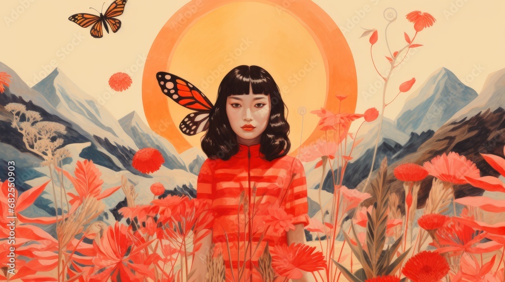 Butterfly Girl Illustration Big Yellow Sun, Japanese Girl, Moth Like Insect Creature, Fantasy World Wallpaper, Background, Mountain Landscape, Japanese Folk Art style figurative landscape, red flowers