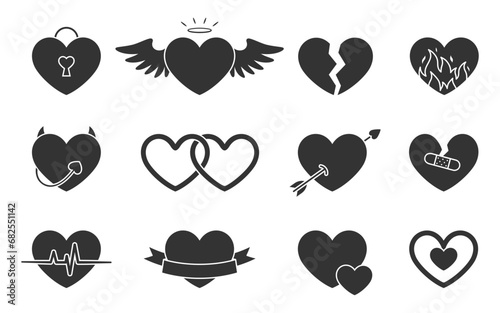 Love heart icon saint valentine day doodle black glyph silhouette set. Enchanted lock angel broken heart separation devil wedding cupid arrow heartbeat ribbon greeting patch reconcile isolated
