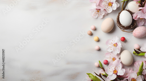 Whimsical Easter Delight A Background of Flowers and Eggs with Space for Creativity. Generative AI