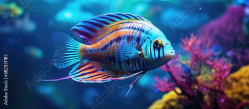 In the crystal clear waters of the tropical sea, a colorful, tropical fish with vibrant hues glides gracefully, mesmerizing all with its vibrant colors as it swims among the aquatic life, creating a