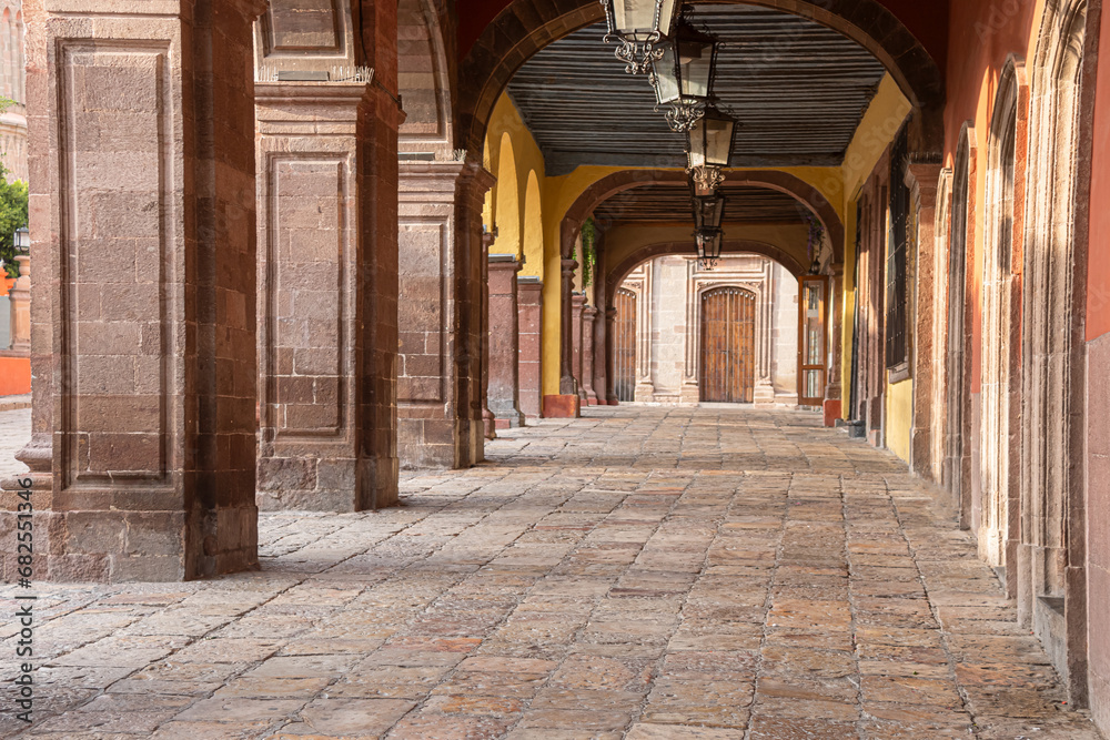 Fototapeta premium Colonial hallway at dawn in San Miguel de Allende, Mexico.