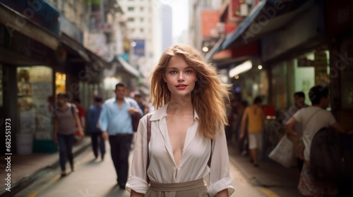 danish girl walking in the business central district streets of hong kong, 16:9