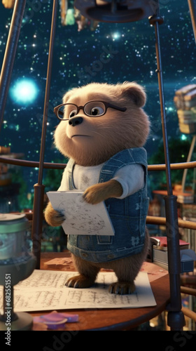 A pensive animated bear stands with a notebook in an observatory, surrounded by stars, embodying the spirit of celestial discovery and contemplation.