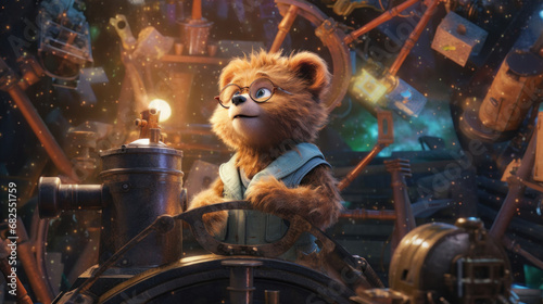 Amidst a backdrop of intricate machinery, an animated bear in a vest operates an elaborate contraption, embodying the spirit of innovation and discovery.