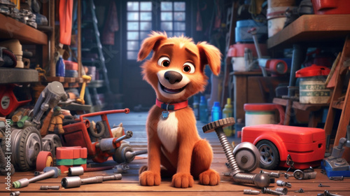 In a vivid mechanic's workshop, an animated puppy with a red collar sits among various tools, depicting readiness for playful endeavors and learning.