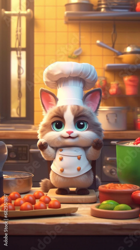 An animated cat chef with a tall white hat prepares a meal in a cozy kitchen, surrounded by fresh ingredients. The character exudes culinary charm and skill in a warm, inviting setting.