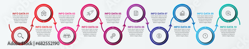 Simple infographic 10 parts or options, simple design with interrelated circles and lines with colorful colors, icons, text and numbers, for presentations, flow diagrams and your business