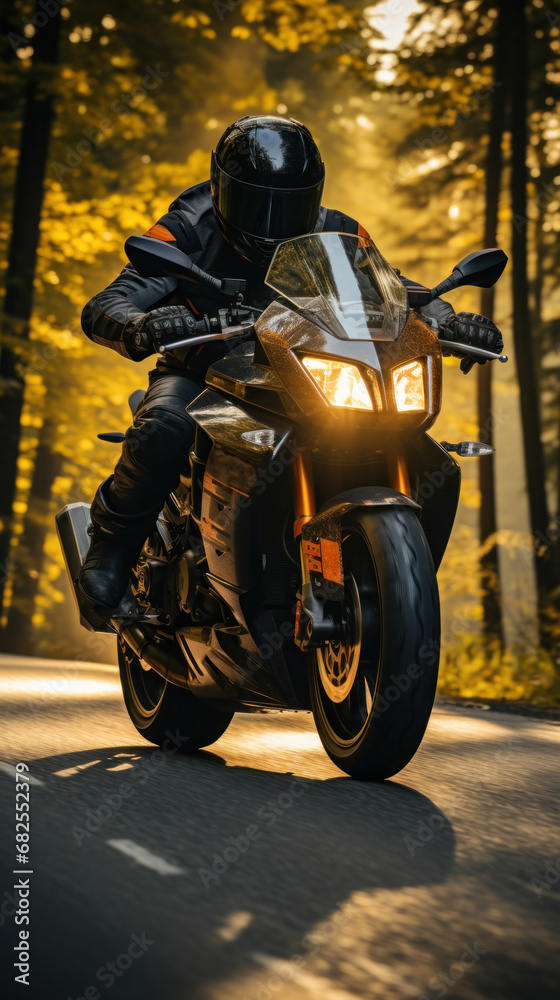 Fototapeta premium Motorcycle rider riding on the road in the forest at autumn sunset, vertical.