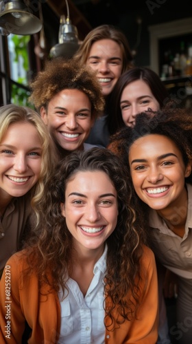 Vertical portrait of smiling students women looking at camera with friends in background. © AS Photo Family