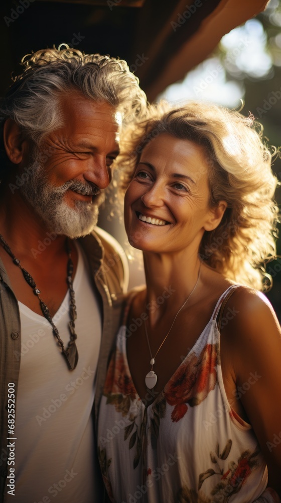 Vertical portrait of happy mature couple in vacation, enjoy the outdoor leisure activity.