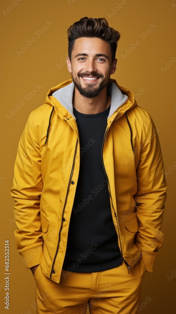 Smiling young man in yellow jacket looking at camera isolated on yellow, vertical.