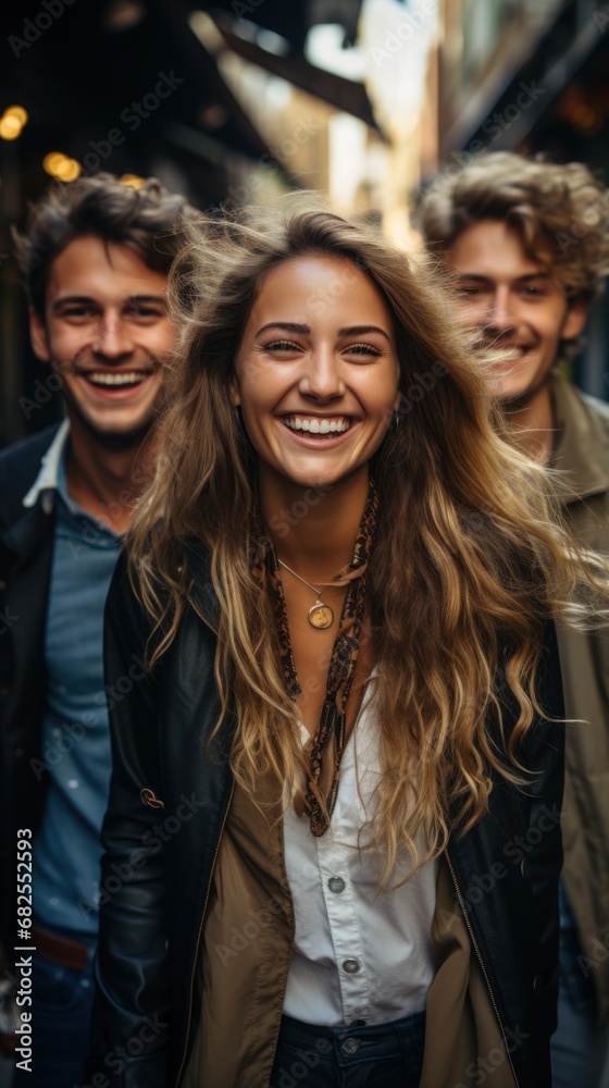 Vertical portrait of a group of young friends smiling at the camera while walking in the city.