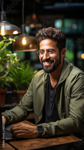 Vertical portrait of smiling young arab man in eyeglasses using laptop in cafe.