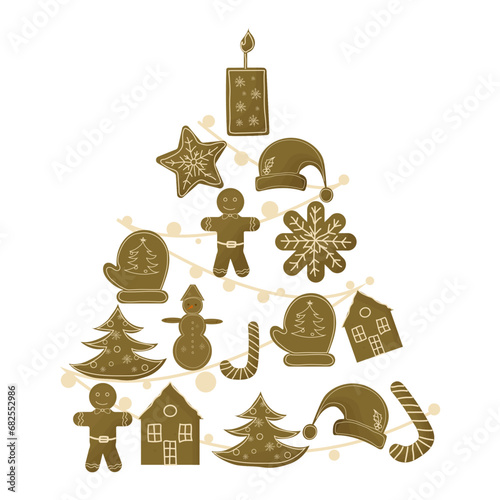 Ginerbread cookies set. Christmas gingerbread tasty cartoon figurescover by icing-sugar. Vector illustration