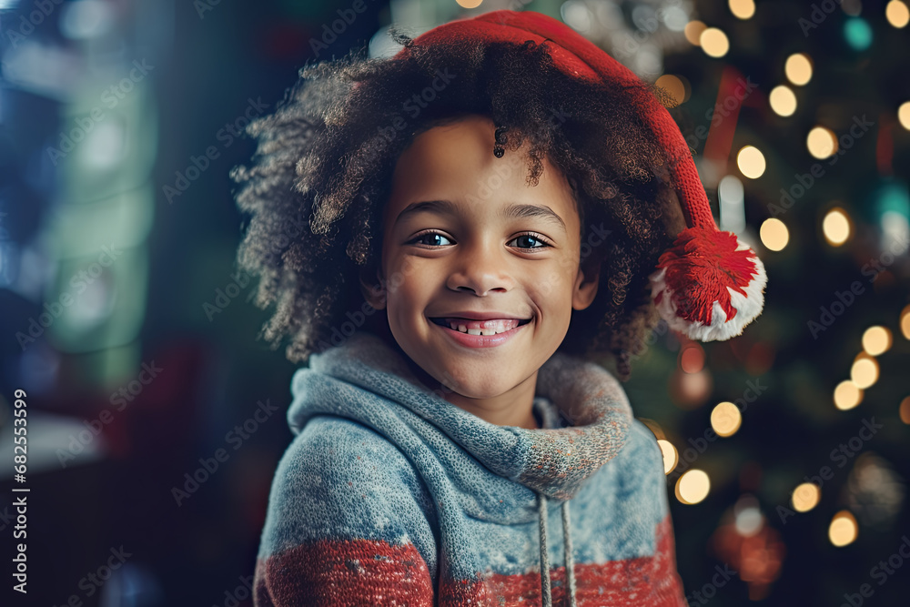 niño con gorro de papá noel sonriente sobre fondo desenfocado con árbol y decoración navideña niño con gorro de papá noel sonriente sobre fondo desenfocado con árbol y decoración navideña