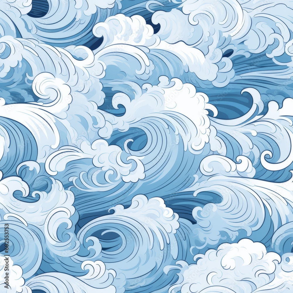 Seamless pattern with hand drawn waves and curls on backgrounds of solid white and light blue colors Seamless pattern with hand drawn waves and curls on backgrounds of solid white and light blue colors