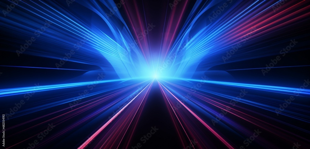 Neon lights, a tunnel, a hallway, red laser beams, and smoke are all on a blue abstract background. Mild arch. Blue abstraction with neon, rays, and lines.