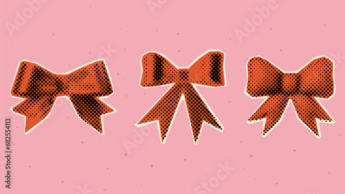Set of trendy stickers in a halftone style for collages, including different red bows.
