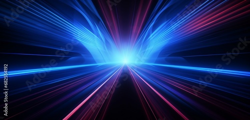 Neon lights  a tunnel  a hallway  red laser beams  and smoke are all on a blue abstract background. Mild arch. Blue abstraction with neon  rays  and lines.