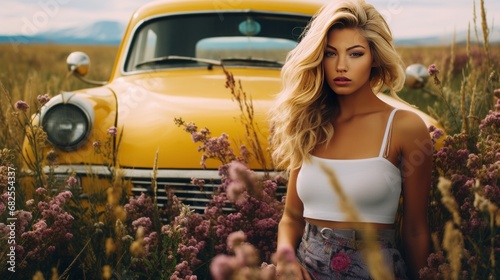 blond female model, leaning against an abandoned vintage car, surrounded by a vibrant field of wildflowers, 16:9 © Christian