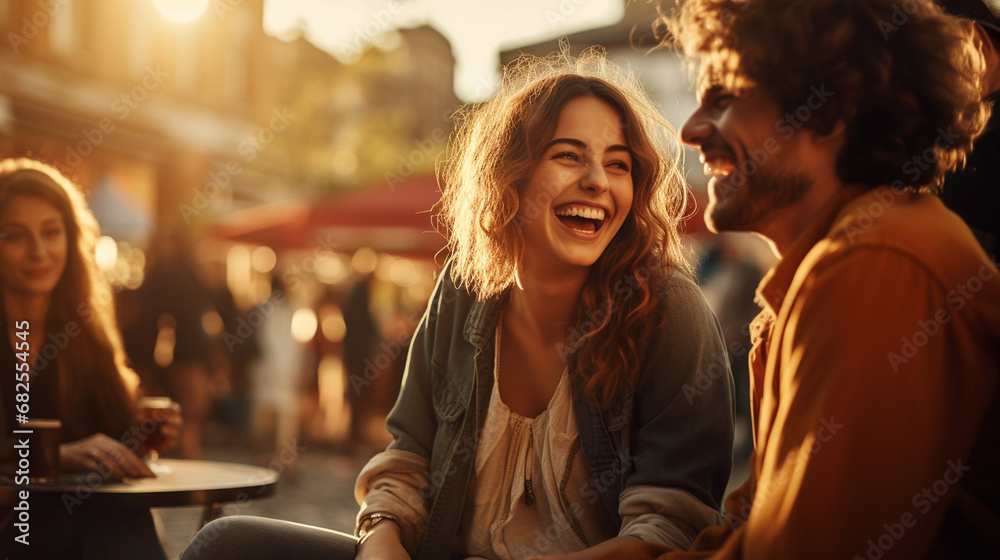 young people laughing and having fun on a city streets