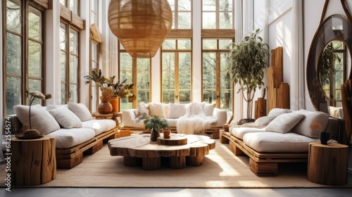 Interior of Boho Style Living Room with Wooden Chandelier and Wooden Decorations. Sofa, Coffee Table and Plants. Unique Boho Style Living Room in a House.