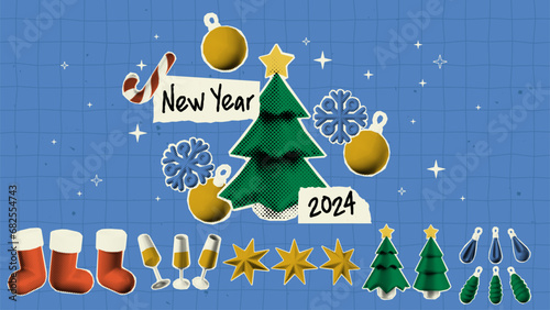 New Year stickers in a trendy halftone style for collages, including stars, Christmas tree, Christmas candy cane, Christmas ornaments, Christmas socks, Champagne glasses, snowflakes.