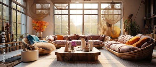 Interior of Boho Style Living Room with Wooden Chandelier and Wooden Decorations. Sofa, Coffee Table and Plants. Unique Boho Style Living Room in a House.