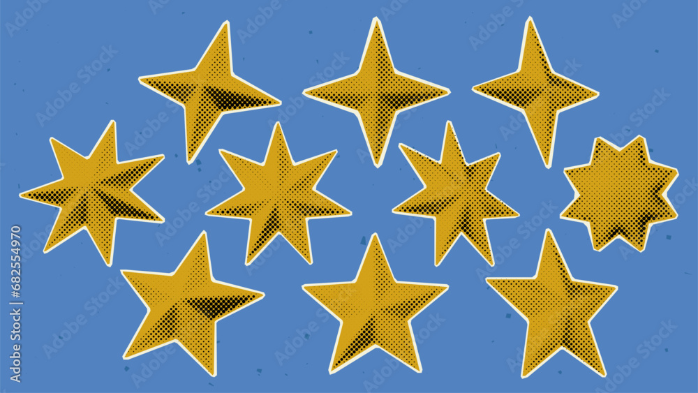 Fototapeta premium Set of trendy stickers in a halftone style for collages, including different golden yellow stars.