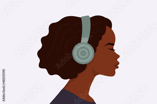 Girl listens to music in headphones. Profile of a young African woman. Podcast, audiobook, radio, meditation concept. Vector flat illustration