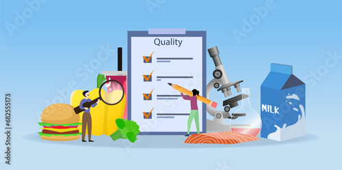 Food quality control vector illustration, Quality control experts inspect food and beverages, Quality certification process