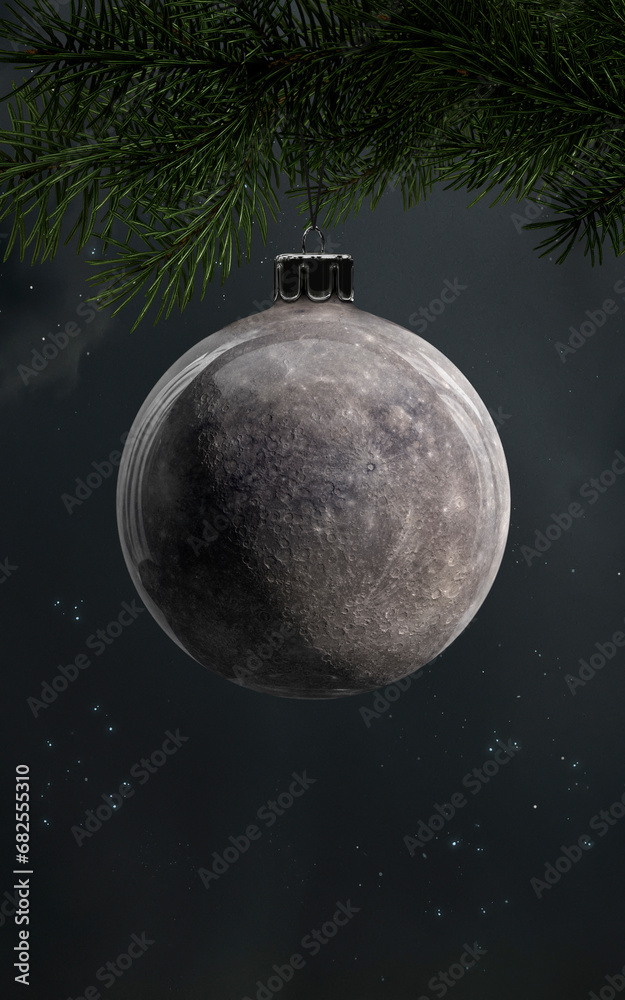 3D illustration of Mercury - Solar system planets as Christmas tree decoration ball . 5K realistic science fiction art. Elements of image provided by Nasa