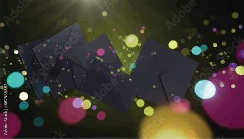 New Year black paper cards with colorful light defocused particles.