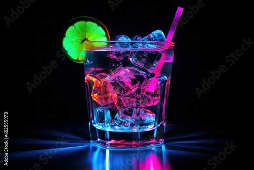 neon cocktail on a black background. the concept of signage, parties, bar