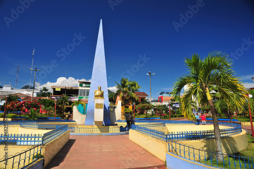 Peru Tarapoto main square of the city with a bust of the military General San Martin in a simple pyramidal obelisk in the regional San Martin