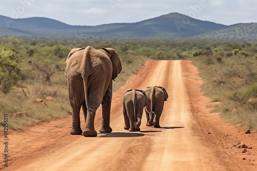 elephants walking on a dirt road