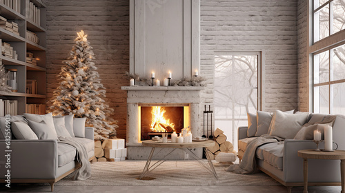 salón con decoración clásica tipo escandinava en tonos claros beige decorado con árbol de navidad y chimenea encendida photo