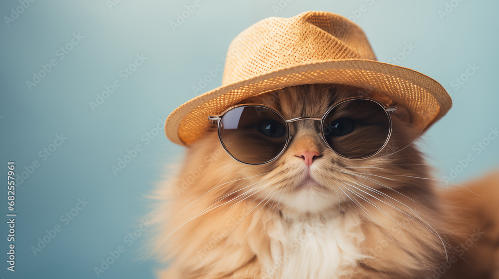 Realistic photo of a cheerful fluffy cat on vacation, wearing a Panama hat, sunglasses on a light background. Travel and vacation