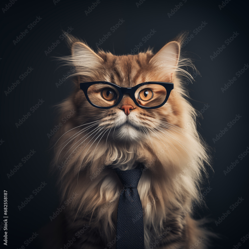 Fluffy cat wearing glasses and a tie