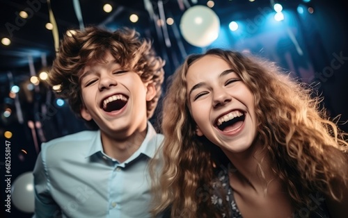 Two young teenagers boy and girl are laughing and joyful dancing at a New Year's Eve party