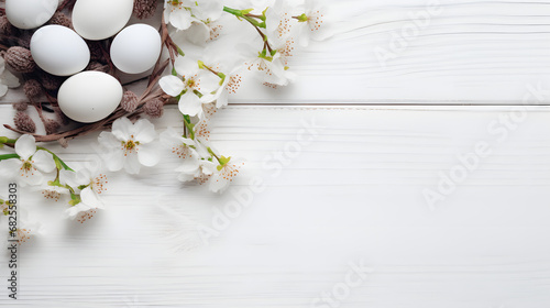  Easter Elegance Unveiled Decorative Background with Flowers, Empty Spaces, and Eggs. Genereative AI