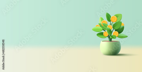 Money tree in a pot. 3D. Realistic image of a plant with leaves and coins. A symbol of increasing financial wealth. Vector photo
