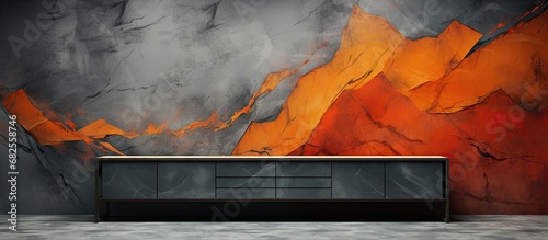 In the abstract, the texture of the natural wall blended with the rugged mountain backdrop, creating a grunge aesthetic with pops of orange and red colors from the metal industry, while the stone and photo