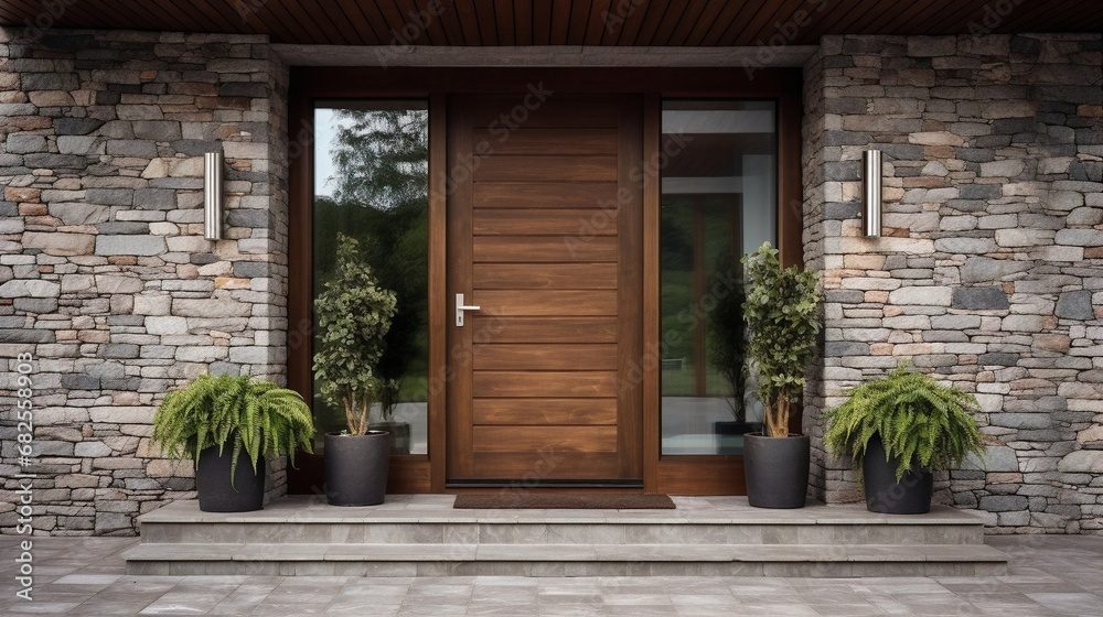 Modern main entrance wooden door with glass, plants on the floor, stone wall, generative AI. - obrazy, fototapety, plakaty 