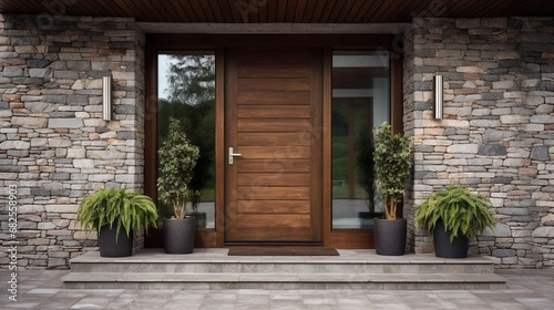 Modern main entrance wooden door with glass, plants on the floor, stone wall, generative AI. photo
