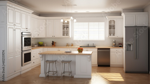 Kitchen with white cabinetry. bright  spacious and modern farmhouse style kitchen. generative ai